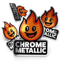 Stickers with flame design and 'Chrome Metallic' text on a white background