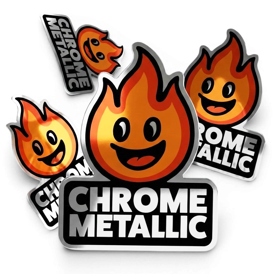 Stickers with flame design and 'Chrome Metallic' text on a white background