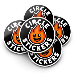 Five Circle Stickers with a flame design on a white background