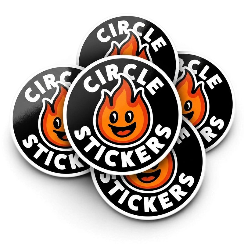 Five Circle Stickers with a flame design on a white background