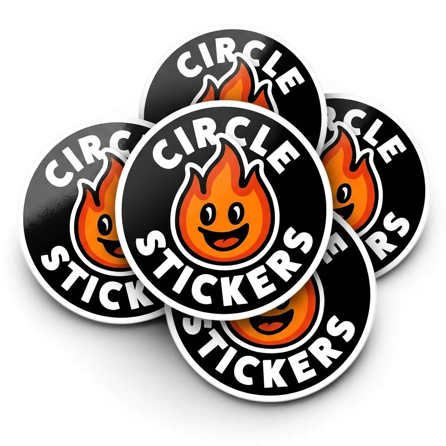 Five Circle Stickers with a flame design on a white background