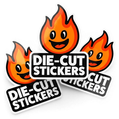 Die-cut stickers with flame design and 'Die-Cut Stickers' text on a white background
