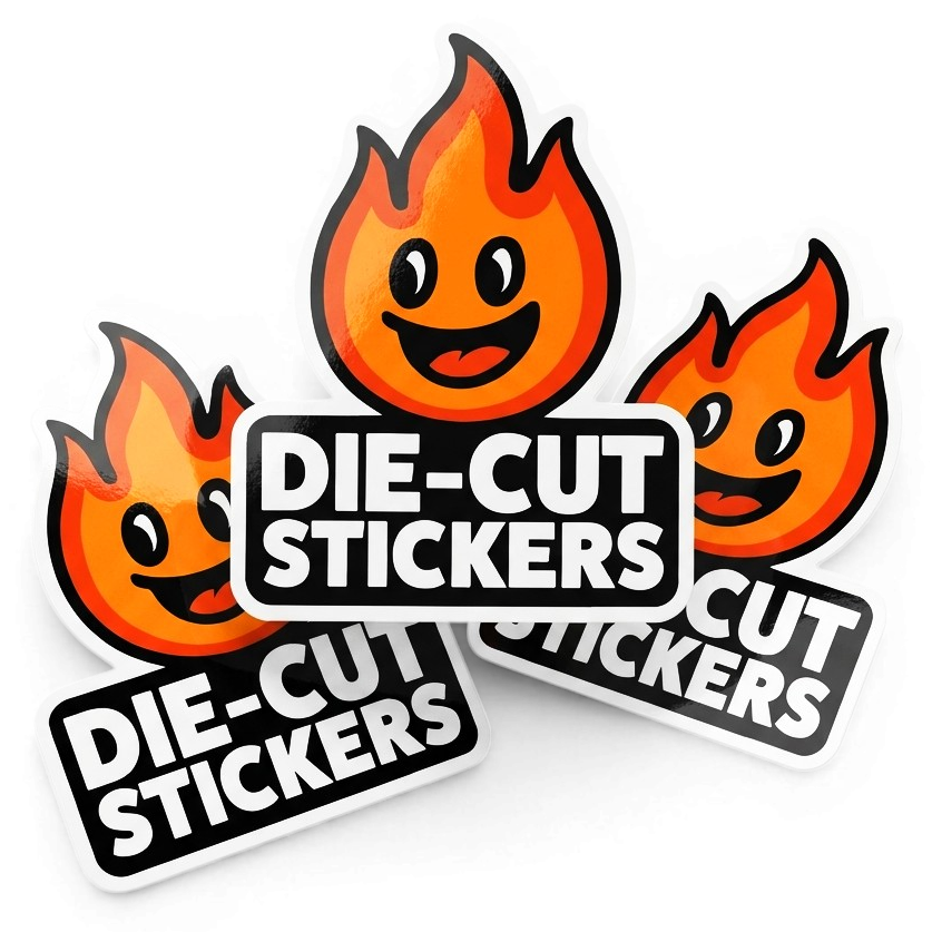 Die-cut stickers with flame design and 'Die-Cut Stickers' text on a white background