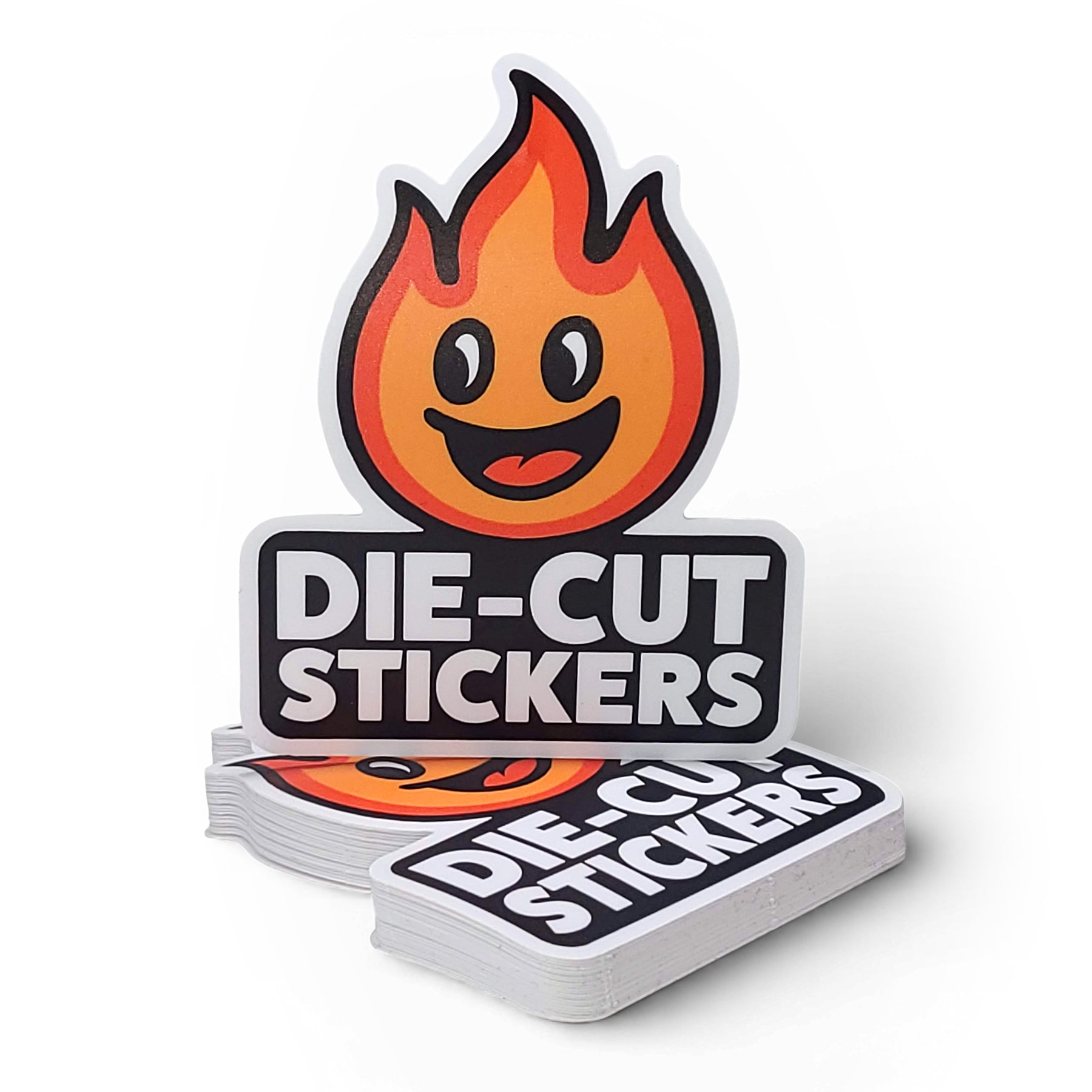 Stack of die-cut stickers with a flame design and 'Die-Cut Stickers' text on a white background
