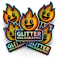 Glitter holographic stickers with flame design and 'Glitter Holographic' text on a white background