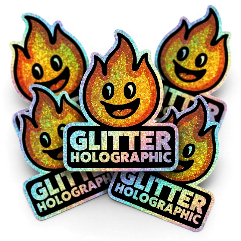 Glitter holographic stickers with flame design and 'Glitter Holographic' text on a white background