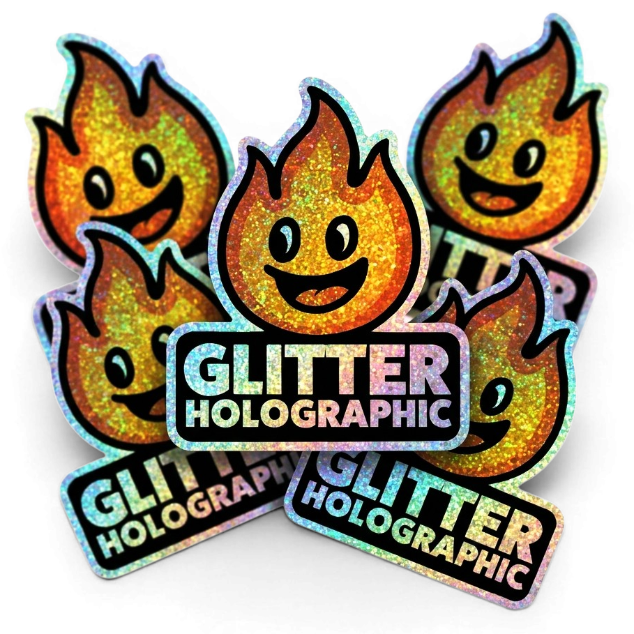 Glitter holographic stickers with flame design and 'Glitter Holographic' text on a white background