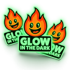Glow-in-the-dark flame-shaped stickers with 'Glow in the Dark' text on a white background