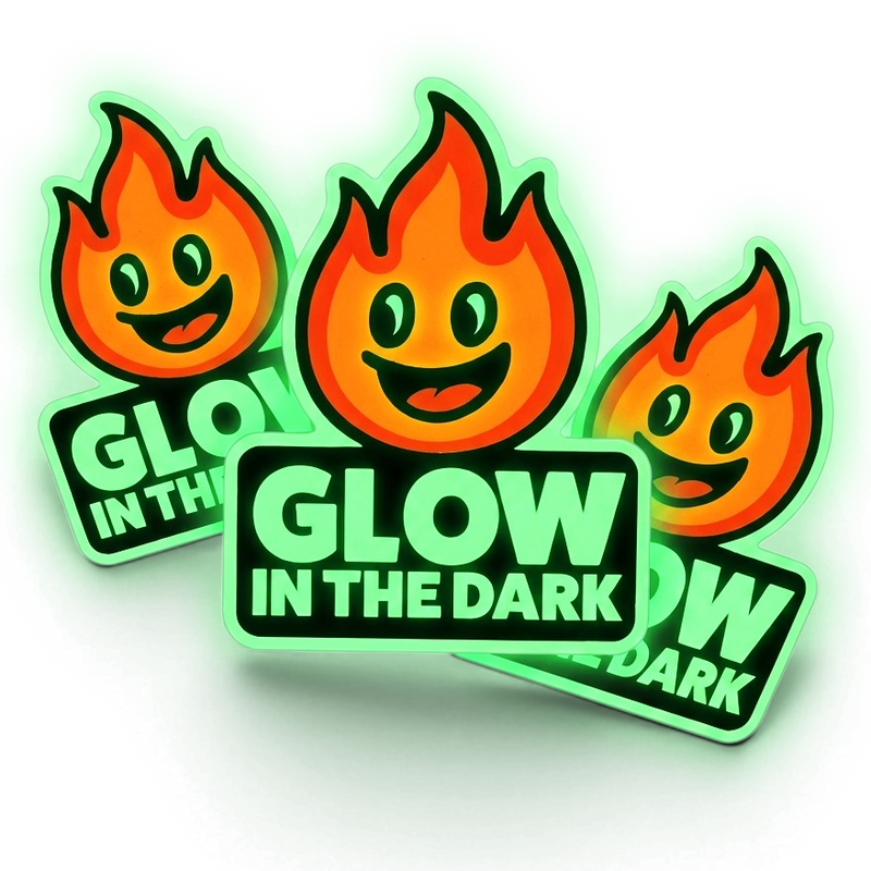 Glow-in-the-dark flame-shaped stickers with 'Glow in the Dark' text on a white background