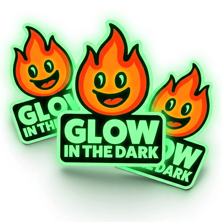 Glow-in-the-dark flame-shaped stickers with 'Glow in the Dark' text on a white background