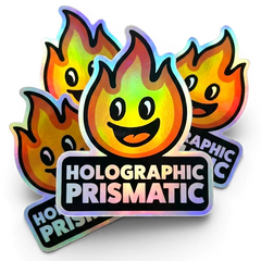 Holographic prismatic stickers with flame design and 'Holographic Prismatic' text on a white background