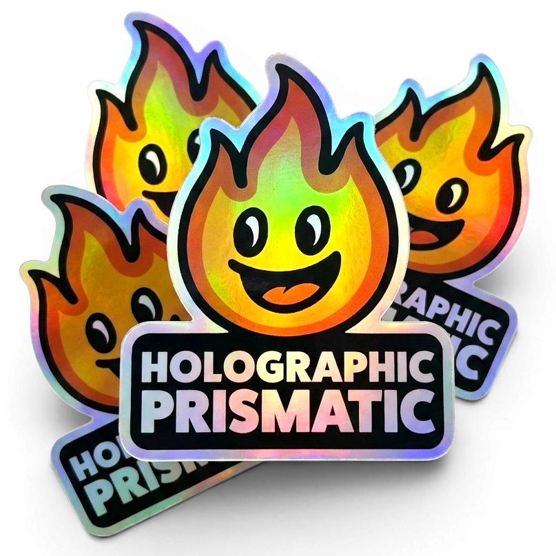 Holographic prismatic stickers with flame design and 'Holographic Prismatic' text on a white background