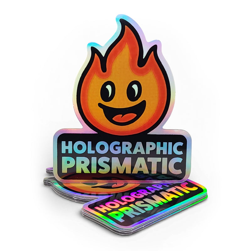 Holographic prismatic flame-shaped stickers with a smiling face design on a white background.