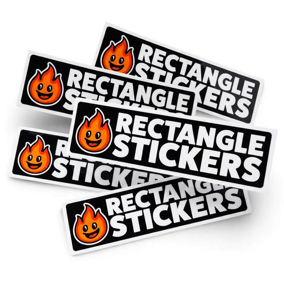 Set of rectangle stickers with flame design and text on a white background