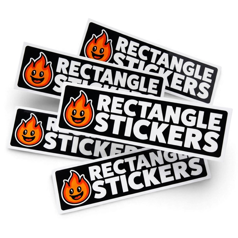 Set of rectangle stickers with flame design and text on a white background