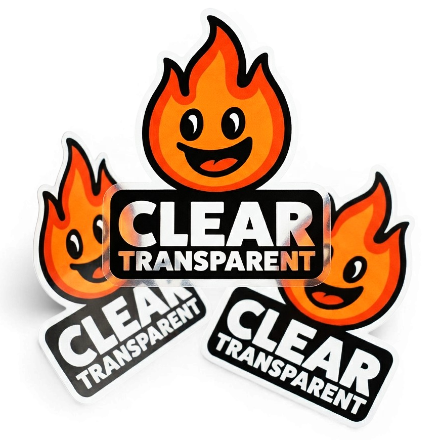 Stickers with flame design and 'Clear Transparent' text on a white background