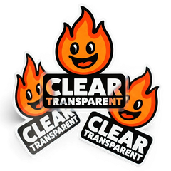 Stickers with flame design and 'Clear Transparent' text on a white background