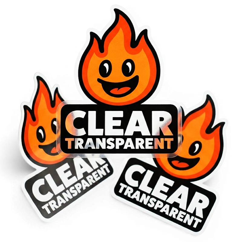 Stickers with flame design and 'Clear Transparent' text on a white background